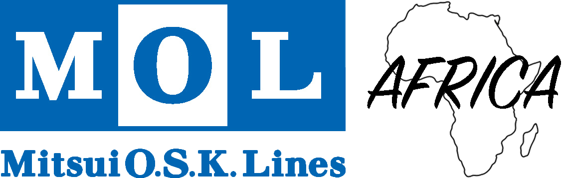 The logo of Mitsui O.S.K. Lines (MOL) on the left with bold blue letters and a square, and the word ‘AFRICA’ in black handwritten style next to an outline of the African continent on the right.